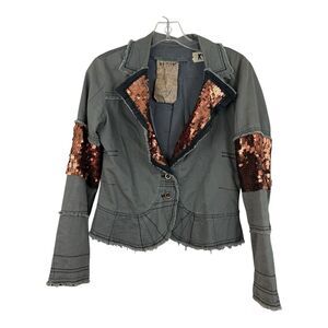 Da Nang Sequin Blazer Jacket Sz Extra Small Gray Cotton Silk Lining Distressed